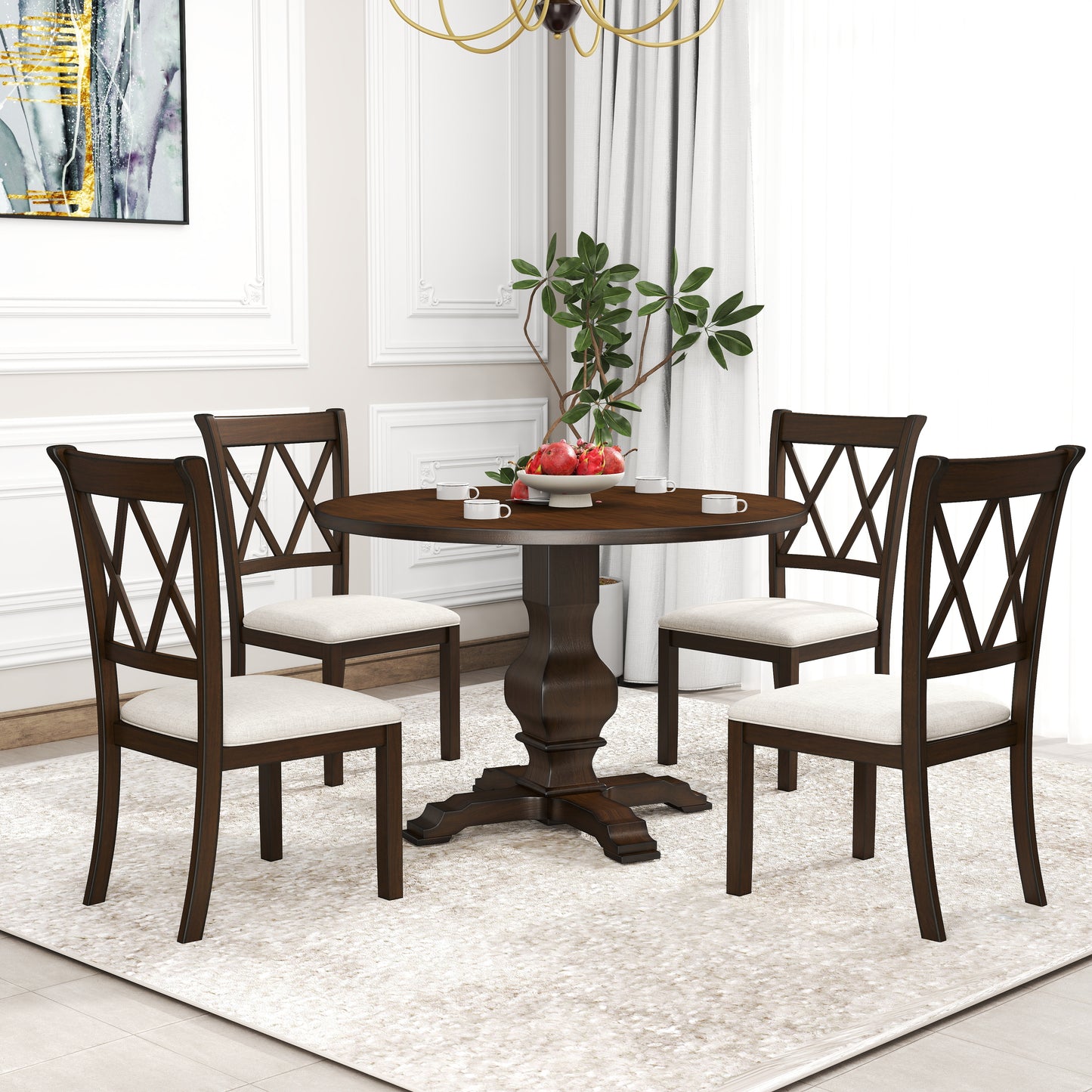 Havre 5-Piece Dining Set, Pedestal Round Table with 4 Stylish Chairs