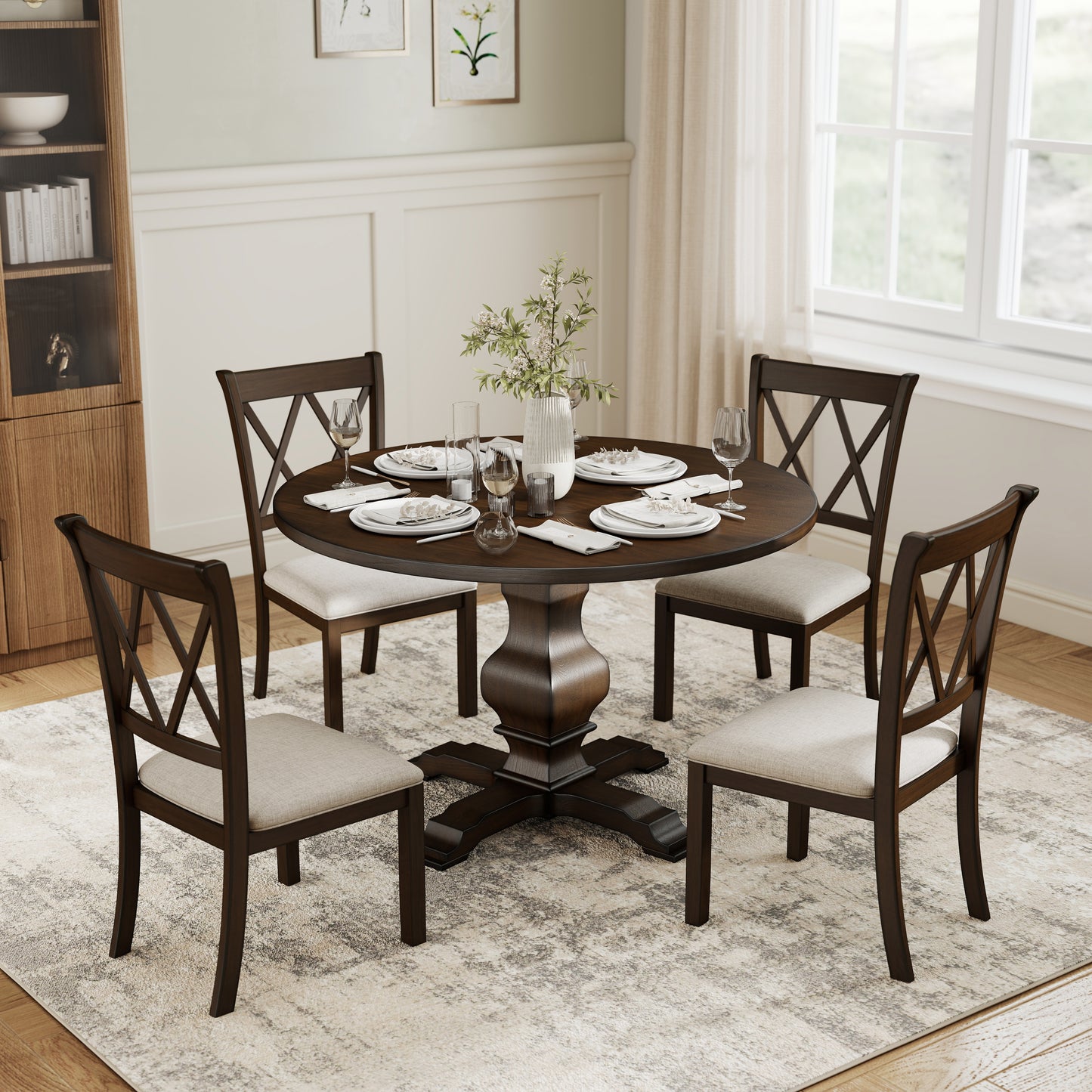 Havre 5-Piece Dining Set, Pedestal Round Table with 4 Stylish Chairs