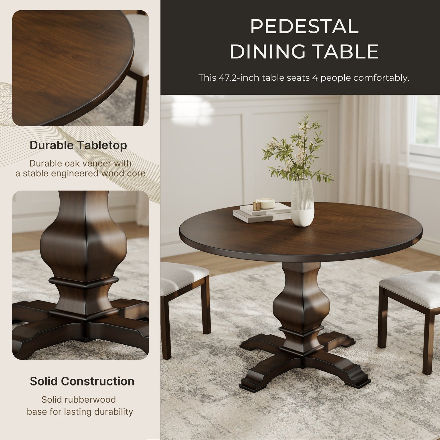 Havre 5-Piece Dining Set, Pedestal Round Table with 4 Stylish Chairs