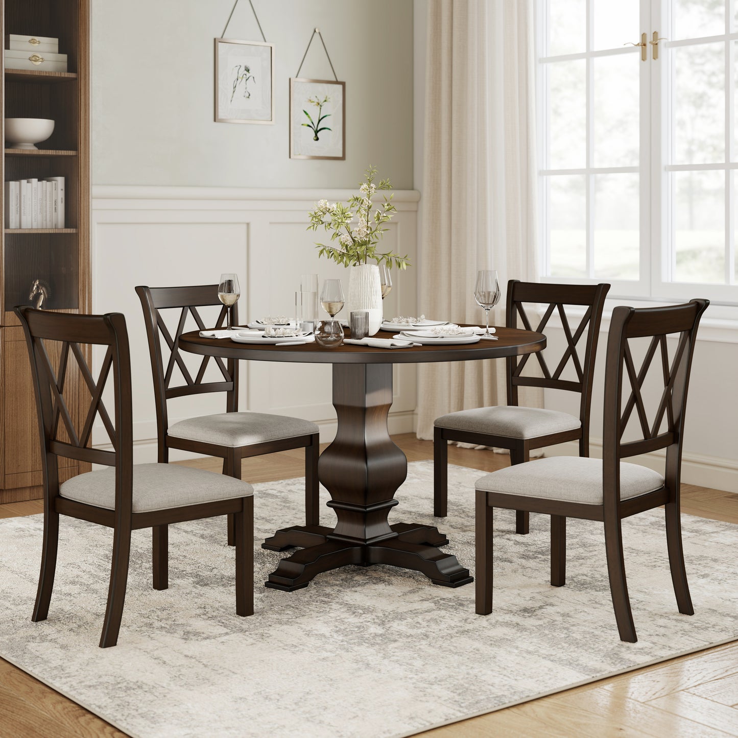 Havre 5-Piece Dining Set, Pedestal Round Table with 4 Stylish Chairs