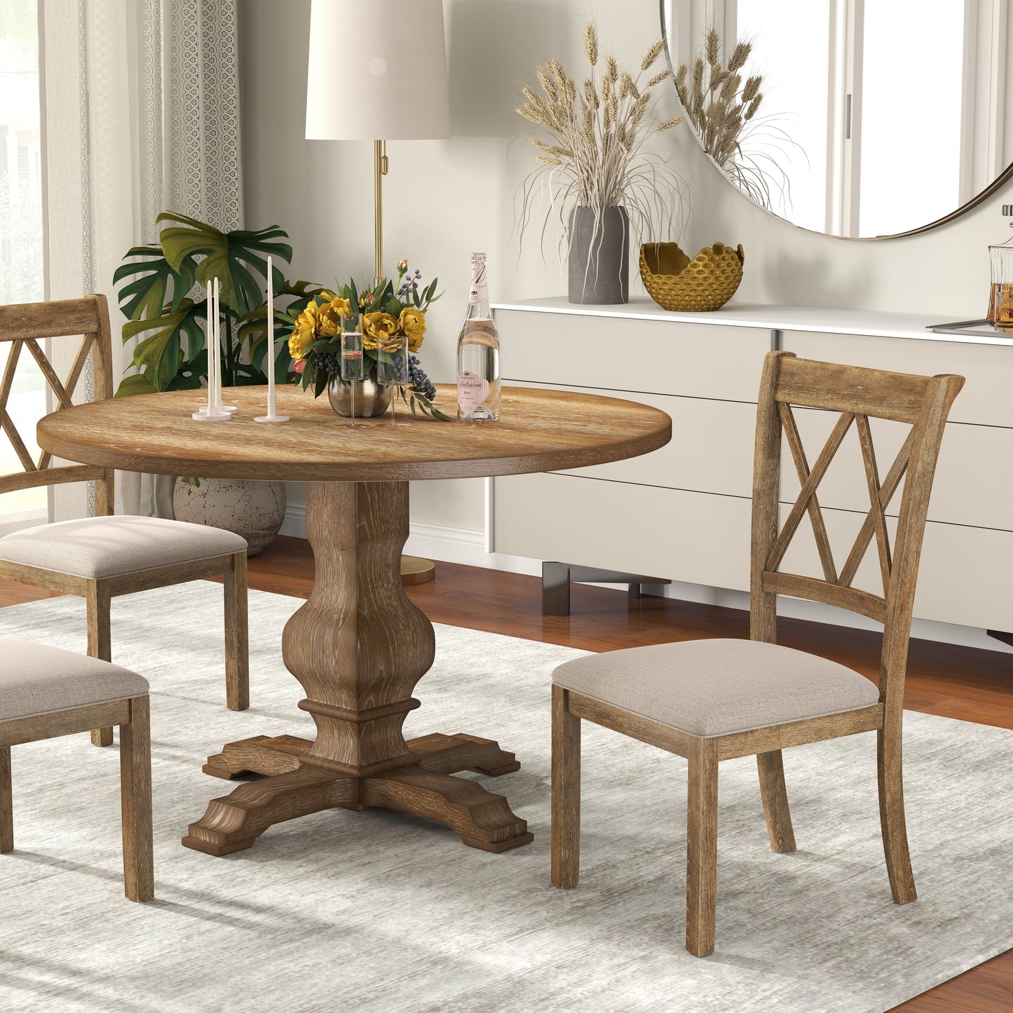 Havre 5-Piece Dining Set, Pedestal Round Table with 4 Stylish Chairs