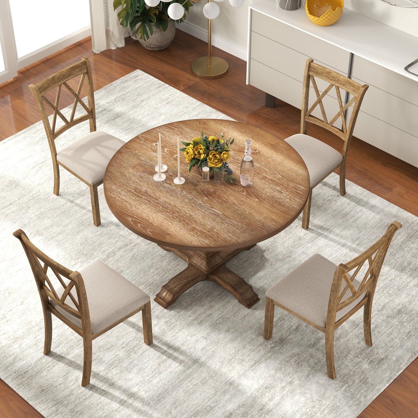 Havre 5-Piece Dining Set, Pedestal Round Table with 4 Stylish Chairs