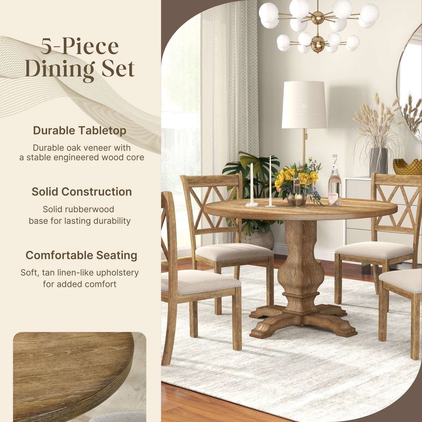 Havre 5-Piece Dining Set, Pedestal Round Table with 4 Stylish Chairs