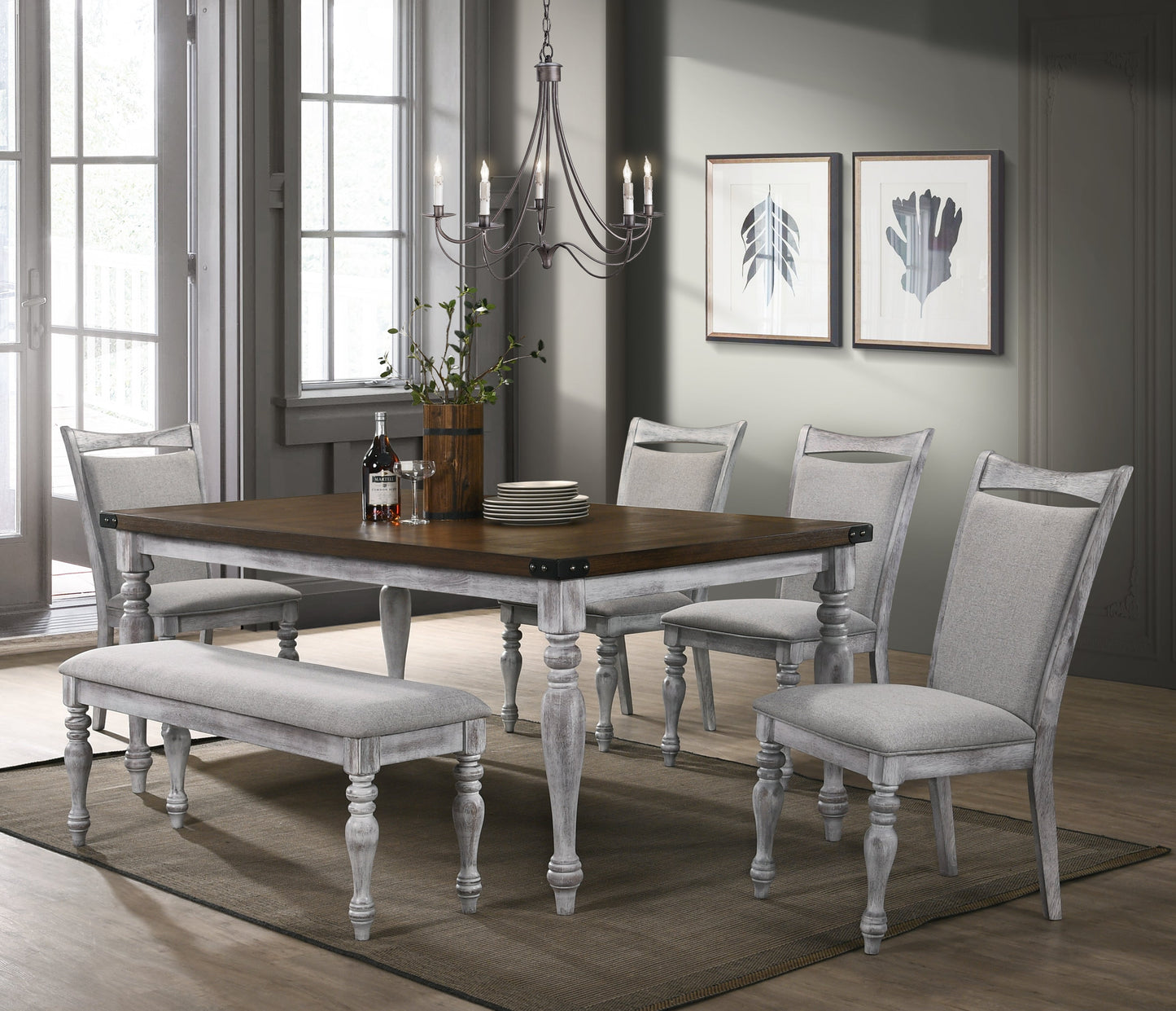 Salines 6 Piece Dining Table Set with 4 Upholstered Chairs and 1 Bench, Rustic White and Oak