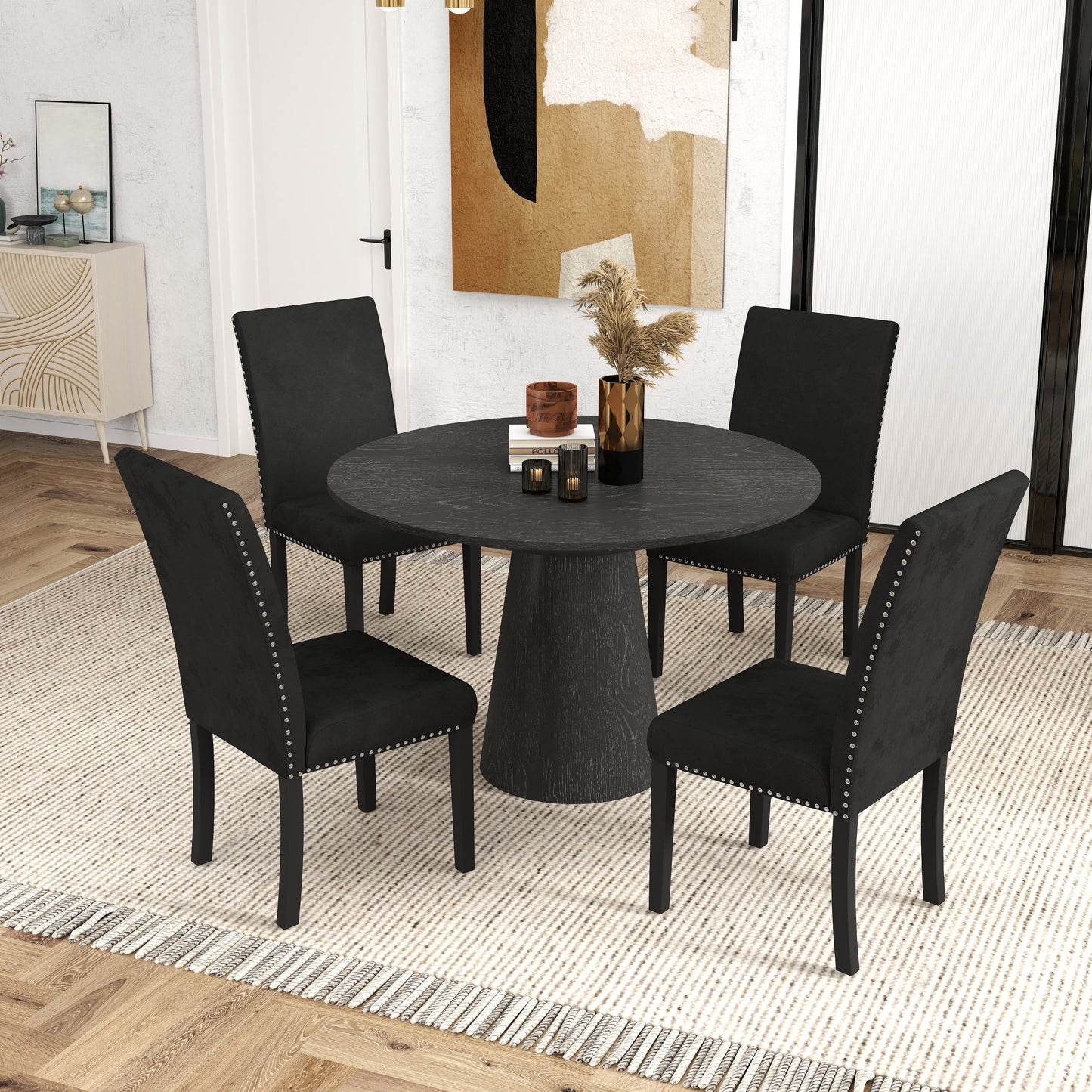 Aurora 5-Piece Round Dining Set, Pedestal Dining Table with 4 Velvet Chairs