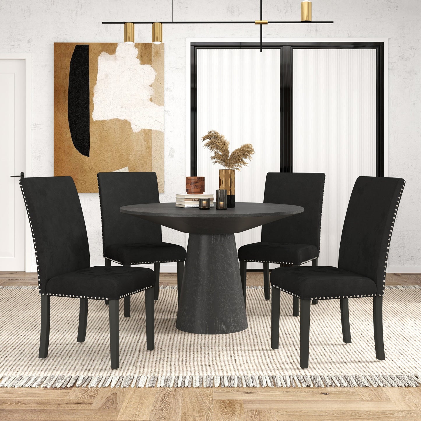 Aurora 5-Piece Round Dining Set, Pedestal Dining Table with 4 Velvet Chairs