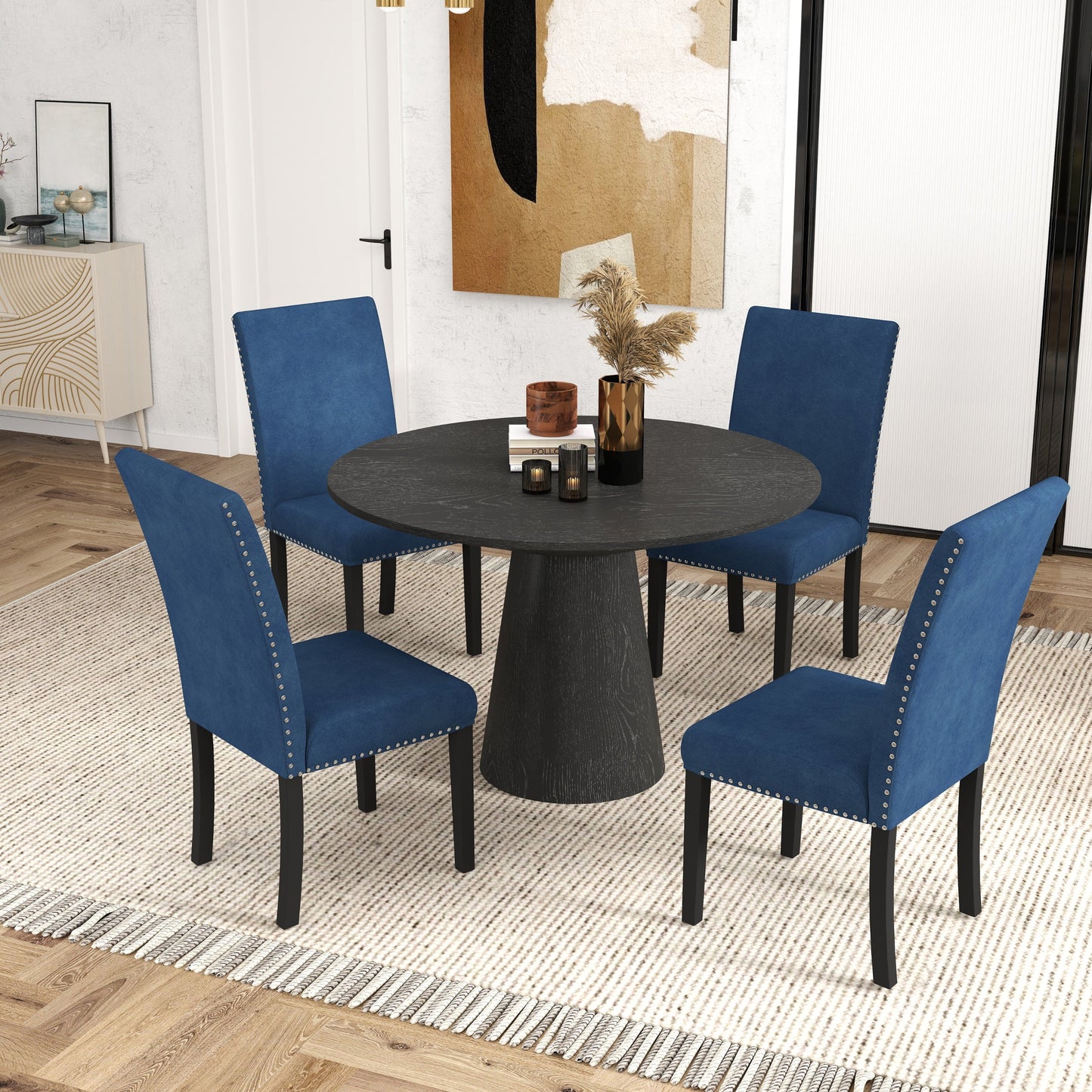 Aurora 5-Piece Round Dining Set, Pedestal Dining Table with 4 Velvet Chairs