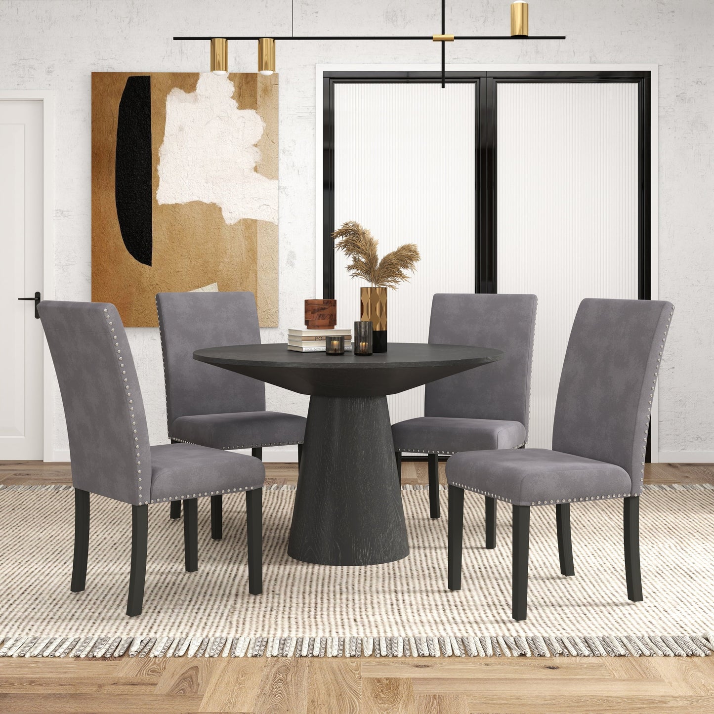 Aurora 5-Piece Round Dining Set, Pedestal Dining Table with 4 Velvet Chairs