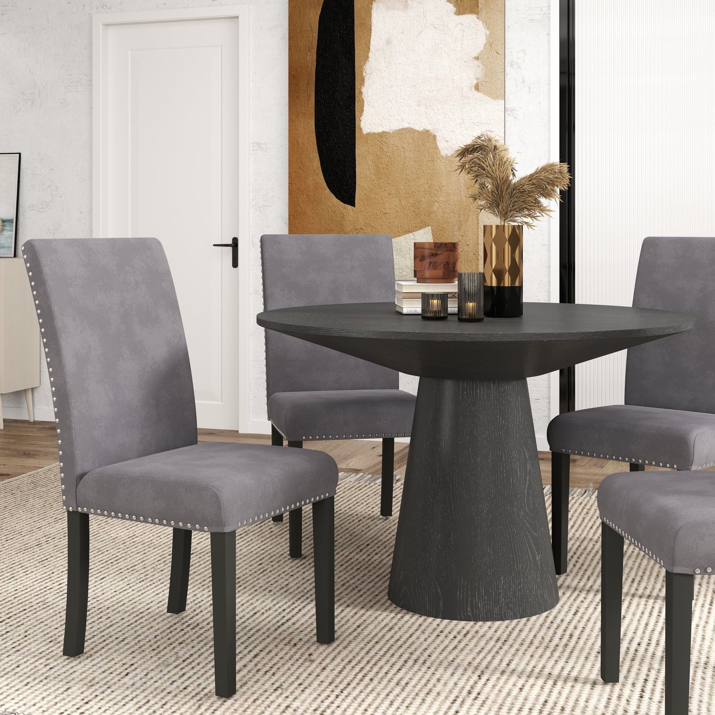 Aurora 5-Piece Round Dining Set, Pedestal Dining Table with 4 Velvet Chairs