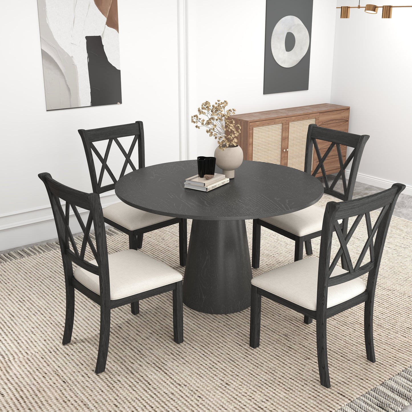 Delta 5-Piece Round Dining Set, Pedestal Dining Table with 4 Cross-back Chairs