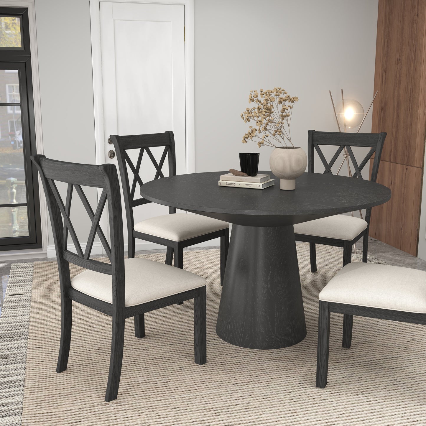 Delta 5-Piece Round Dining Set, Pedestal Dining Table with 4 Cross-back Chairs