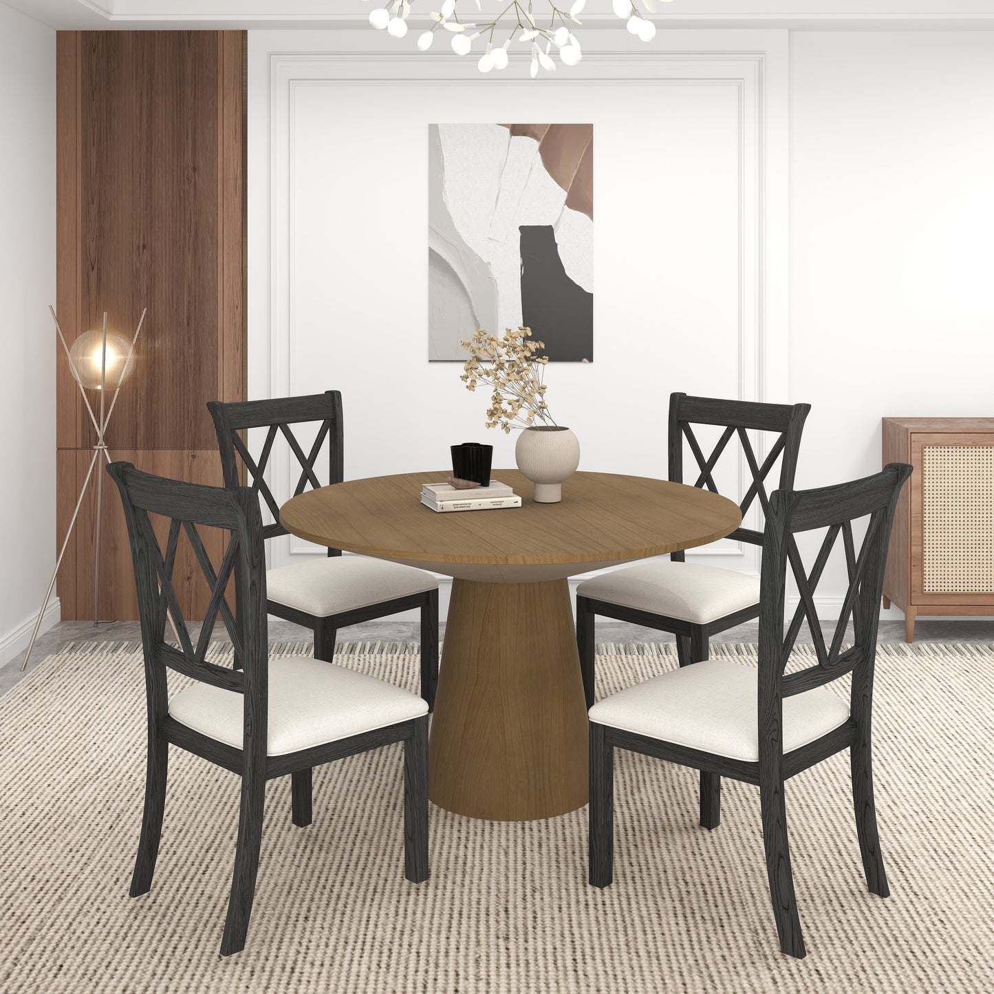 Delta 5-Piece Round Dining Set, Pedestal Dining Table with 4 Cross-back Chairs