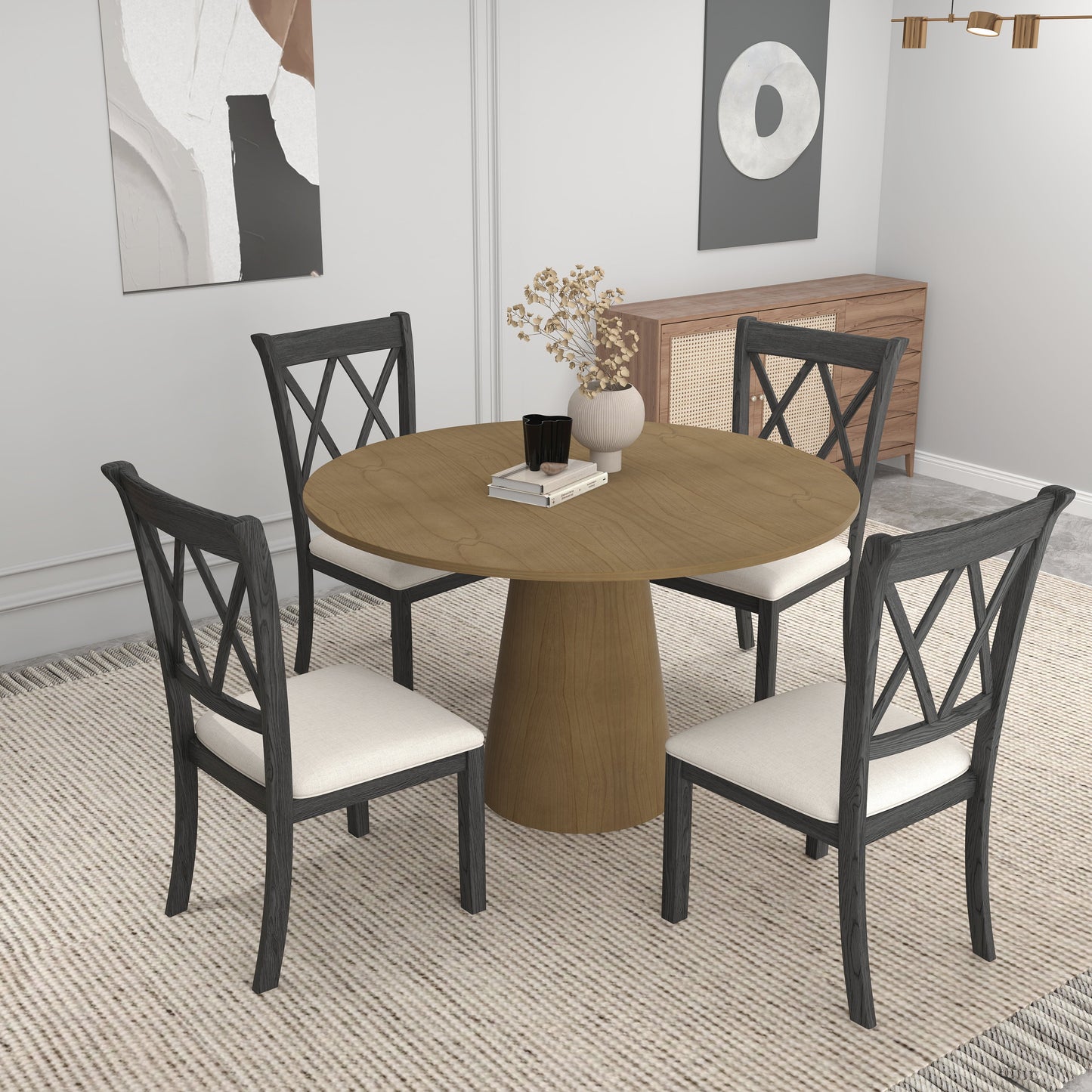 Delta 5-Piece Round Dining Set, Pedestal Dining Table with 4 Cross-back Chairs