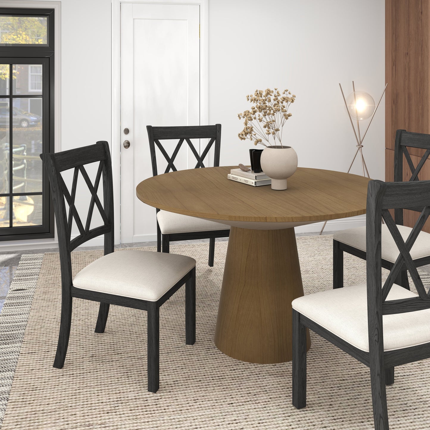 Delta 5-Piece Round Dining Set, Pedestal Dining Table with 4 Cross-back Chairs