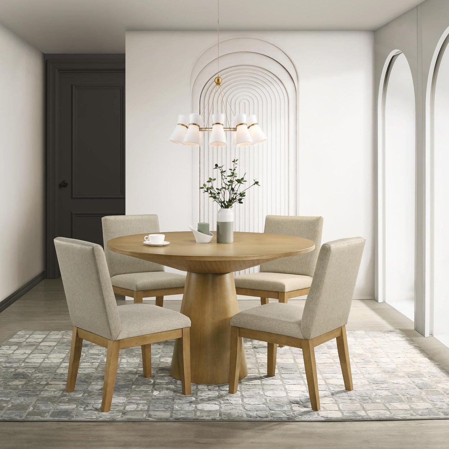 Roundhill Furniture Rocco Contemporary Dining Set, Round Pedestal Table with 4 Chairs