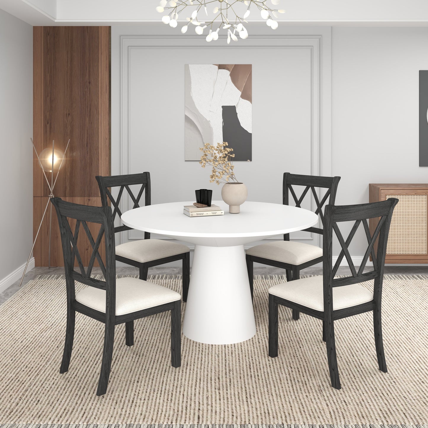 Delta 5-Piece Round Dining Set, Pedestal Dining Table with 4 Cross-back Chairs