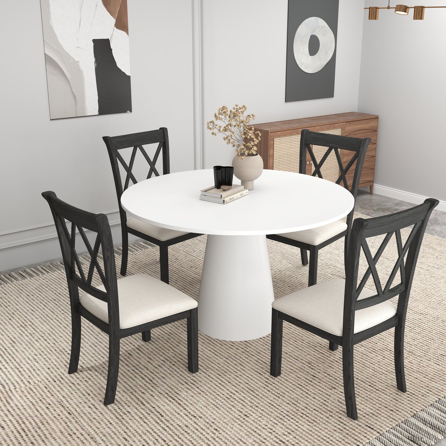 Delta 5-Piece Round Dining Set, Pedestal Dining Table with 4 Cross-back Chairs