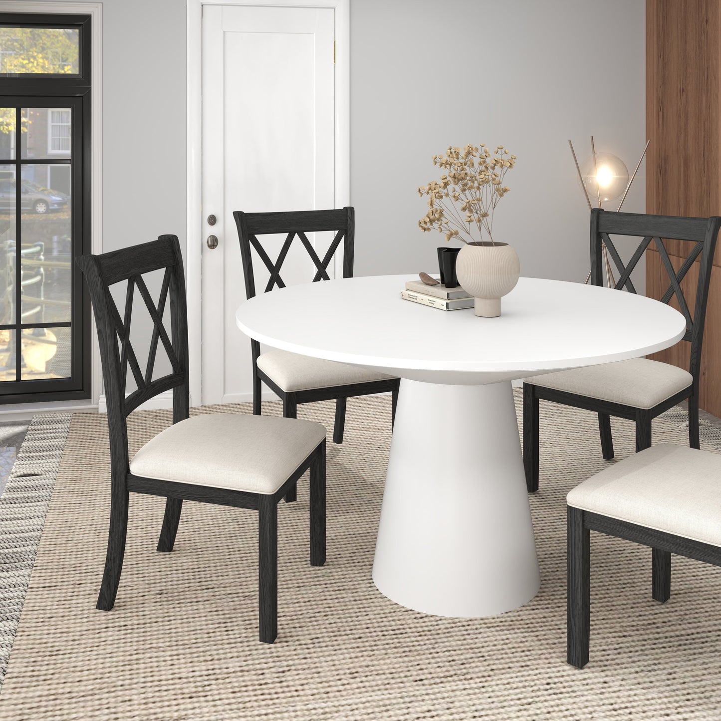 Delta 5-Piece Round Dining Set, Pedestal Dining Table with 4 Cross-back Chairs