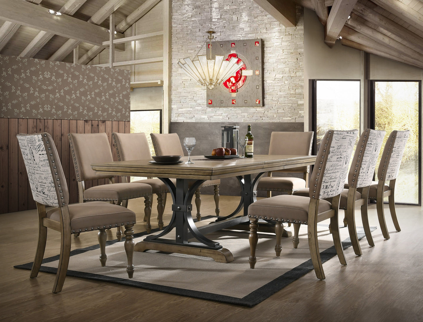 Birmingham 9-piece Driftwood Finish Table with Nail Head Chairs Dining Set