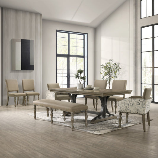 Roundhill Furniture Birmingham Nailhead 8-Piece Table with Nailhead Bench and Armchair Dining Set, Driftwood