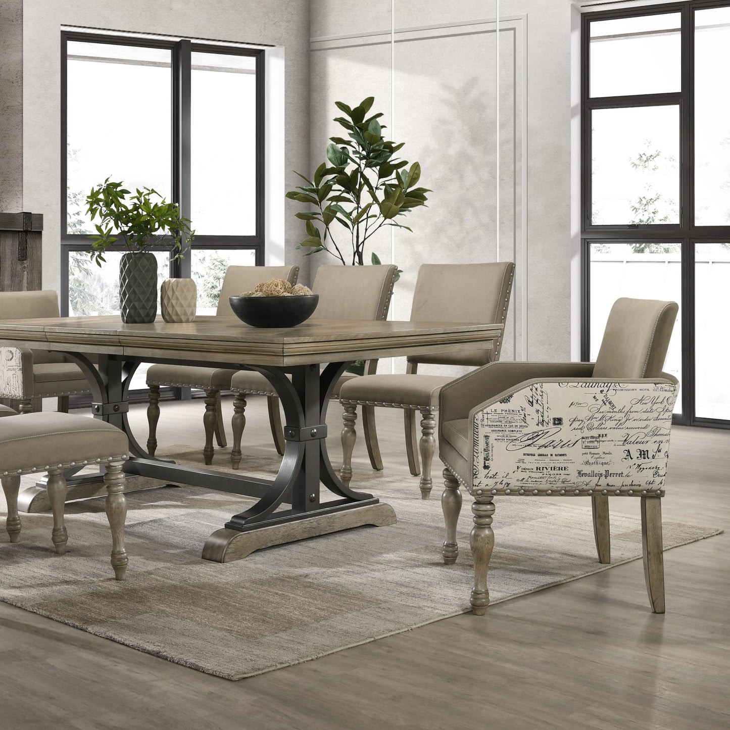 Roundhill Furniture Birmingham Nailhead 8-Piece Table with Nailhead Bench and Armchair Dining Set, Driftwood