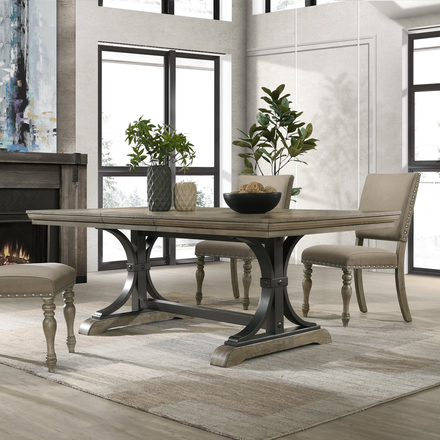 Roundhill Furniture Birmingham Nailhead 8-Piece Table with Nailhead Bench and Armchair Dining Set, Driftwood