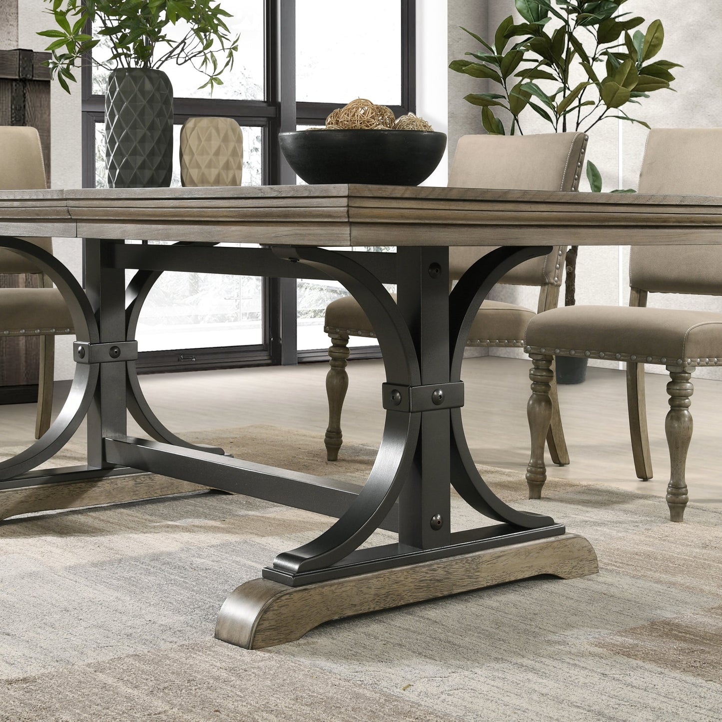 Roundhill Furniture Birmingham Nailhead 8-Piece Table with Nailhead Bench and Armchair Dining Set, Driftwood