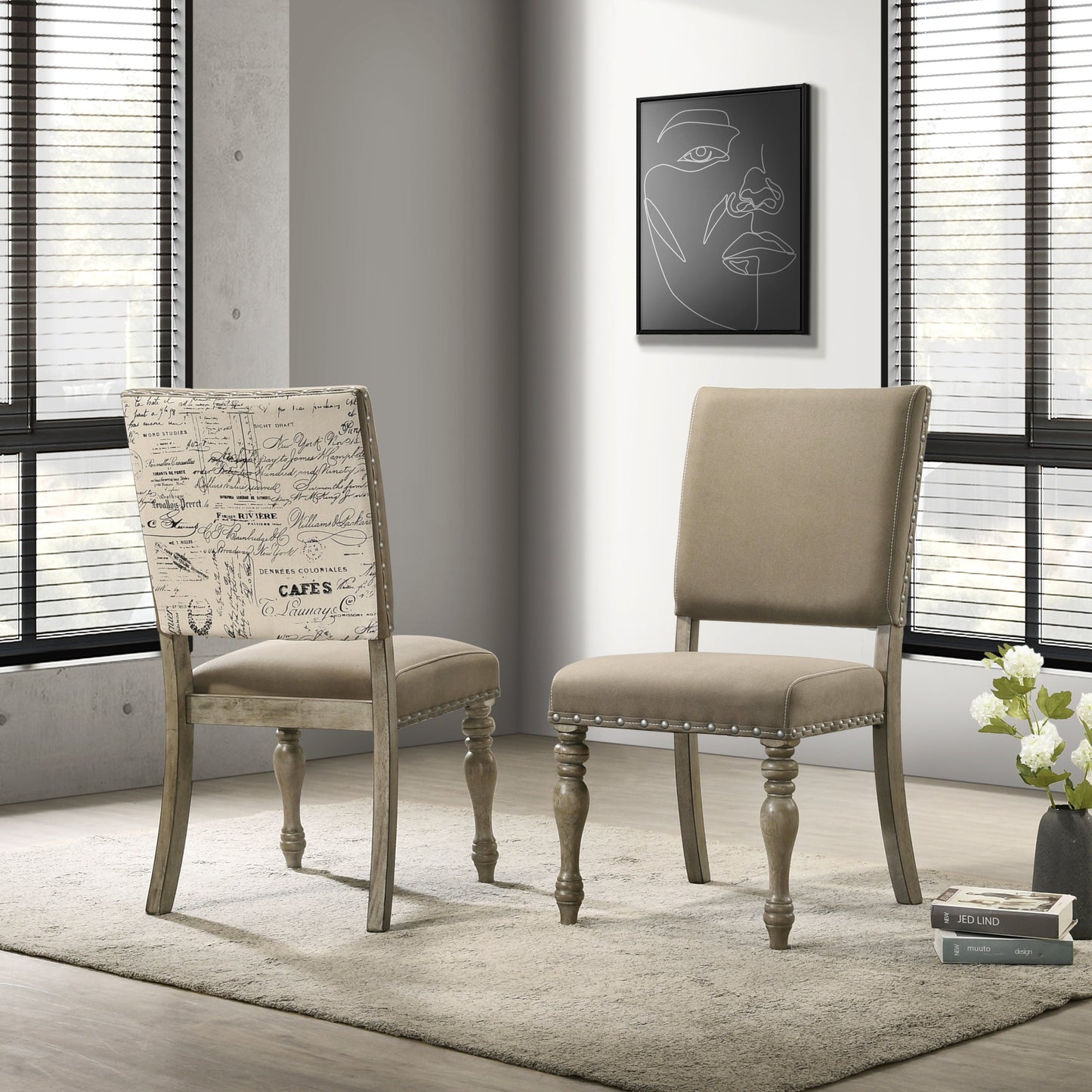 Roundhill Furniture Birmingham Nailhead 8-Piece Table with Nailhead Bench and Armchair Dining Set, Driftwood