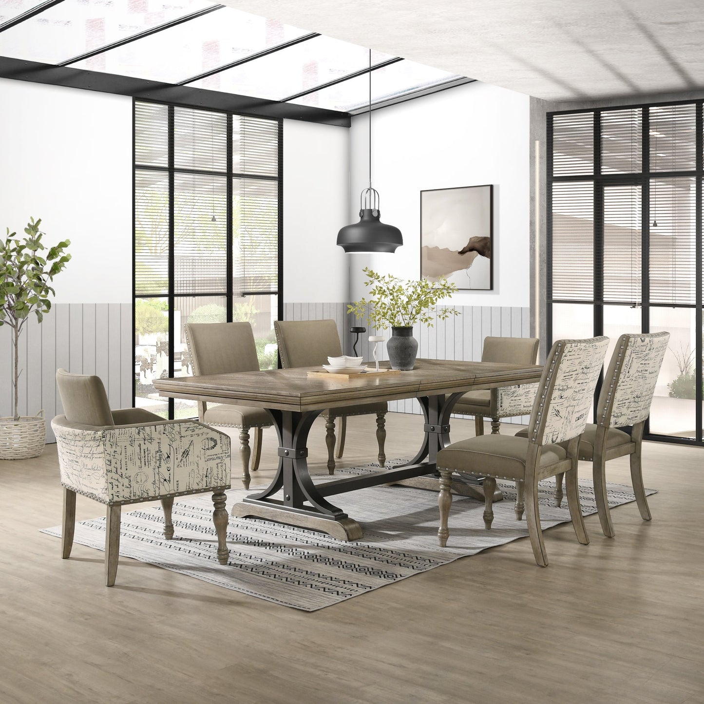 Roundhill Furniture Birmingham 7-Piece Dining Set, Extendable Table with Nailhead Chairs, Driftwood Finish