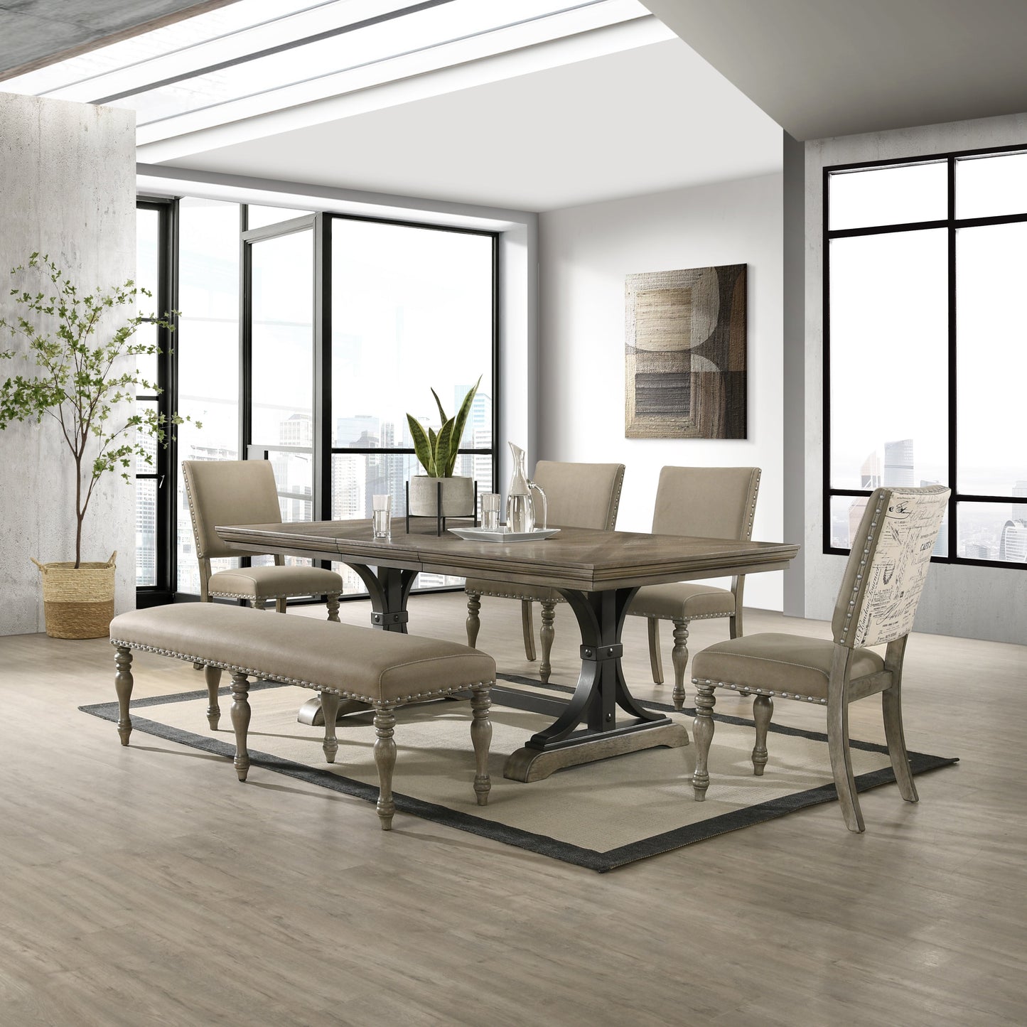 Roundhill Furniture Birmingham 6-Piece Dining Set, Extendable Table with 4 Nailhead Dining Chairs and Bench, Driftwood Finish