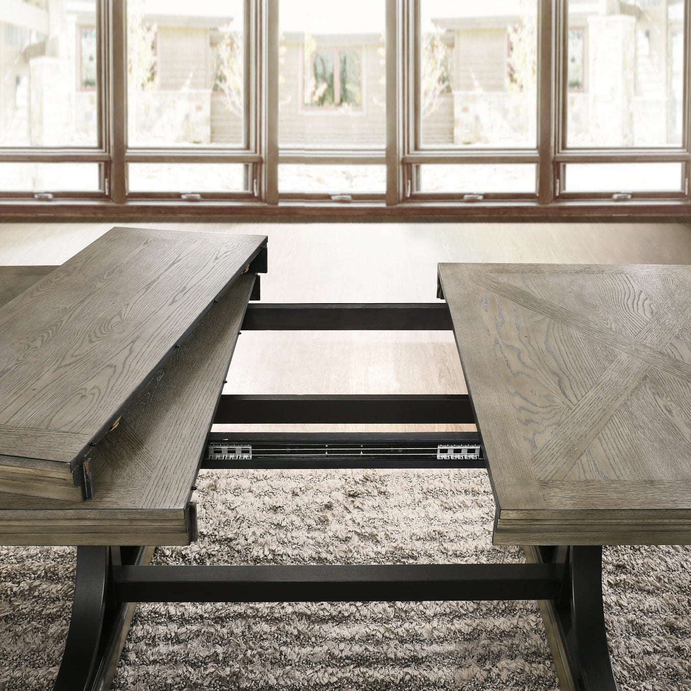 Roundhill Furniture Birmingham 6-Piece Dining Set, Extendable Table with 4 Nailhead Dining Chairs and Bench, Driftwood Finish