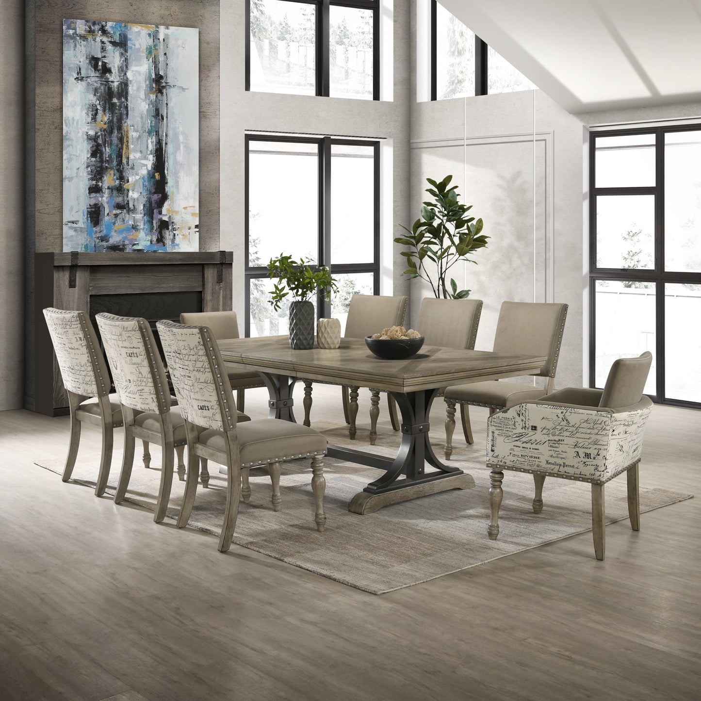 Roundhill Furniture Birmingham 9-piece Dining Set, Driftwood Finish Extendable Table with Nailhead Chairs Dining Set
