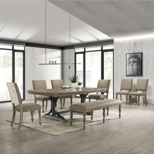 Roundhill Furniture Birmingham 8-Piece Dining Set, Extendable Table with Nailhead Chairs and Bench, Driftwood Finish