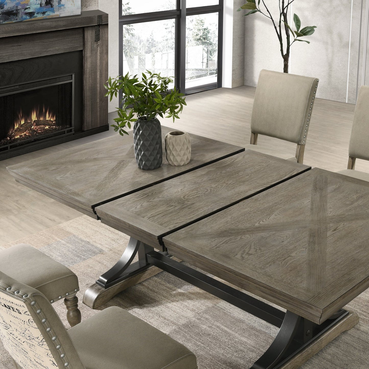 Roundhill Furniture Birmingham 8-Piece Dining Set, Extendable Table with Nailhead Chairs and Bench, Driftwood Finish