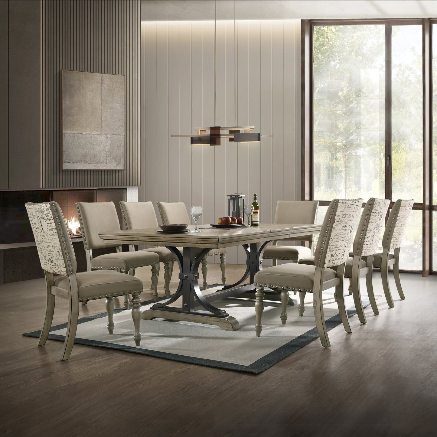 Roundhill Furniture Birmingham 9-piece Dining Set, Extendable Table with Nailhead Chairs, Driftwood Finish