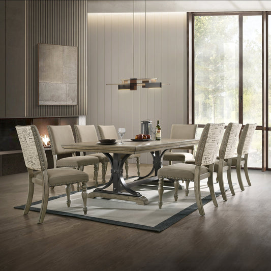 Roundhill Furniture Birmingham 9-piece Dining Set, Extendable Table with Nailhead Chairs, Driftwood Finish