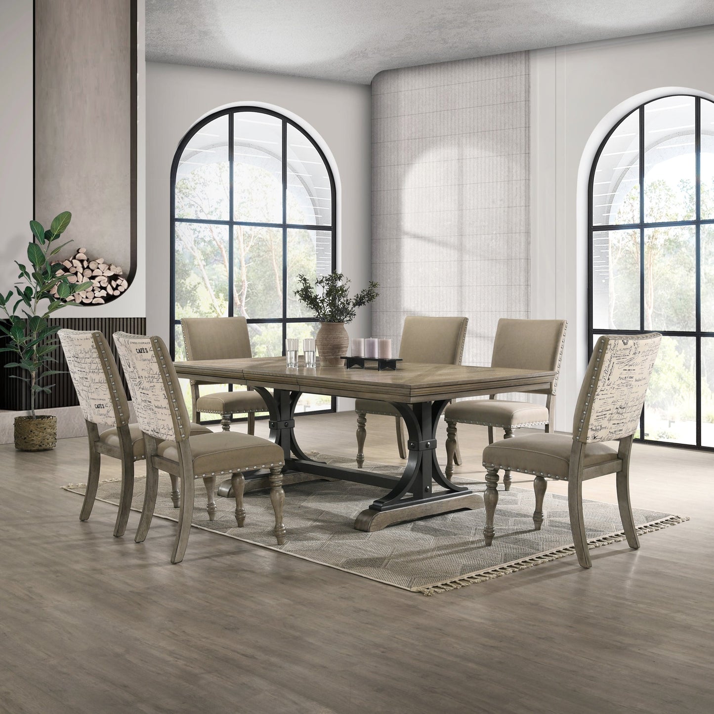 Roundhill Furniture Birmingham 9-piece Dining Set, Extendable Table with Nailhead Chairs, Driftwood Finish