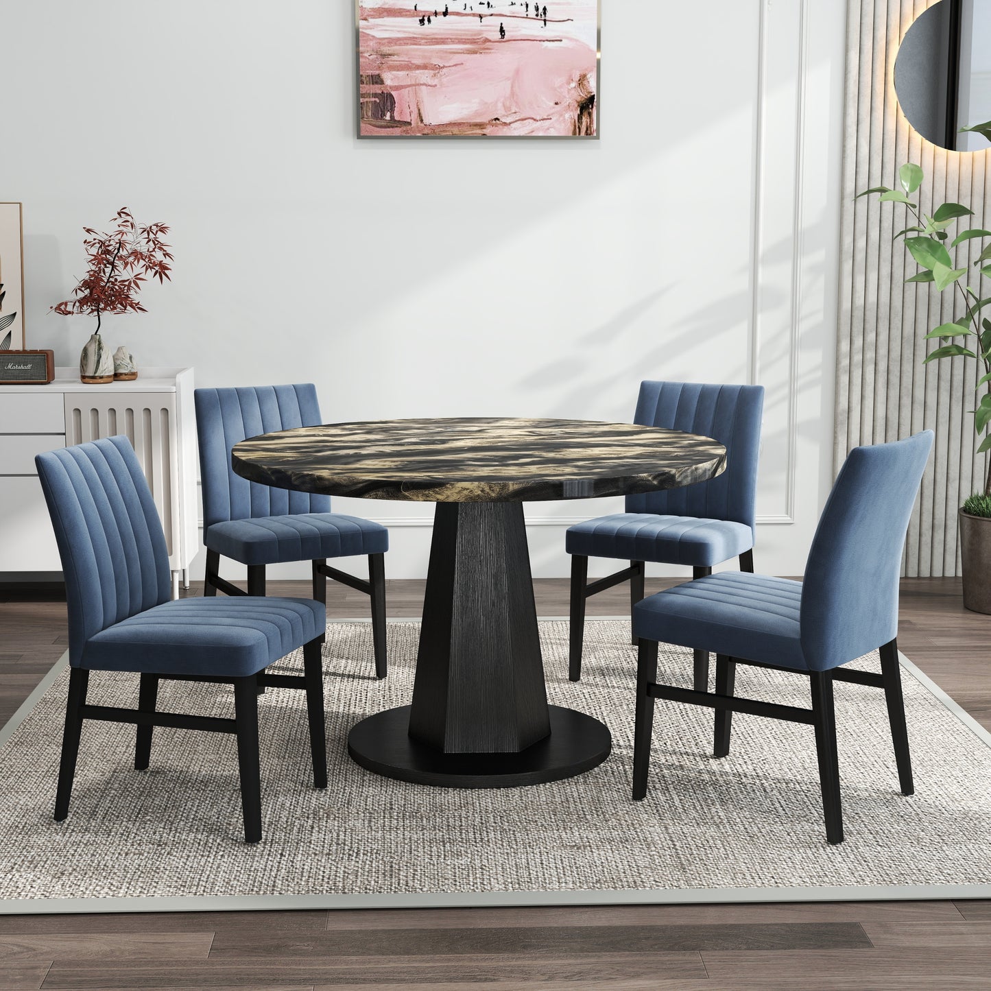 Roundhill Furniture Cavira 5-Piece Modern Dining Set, Faux Marble Dining Table with Four Chairs
