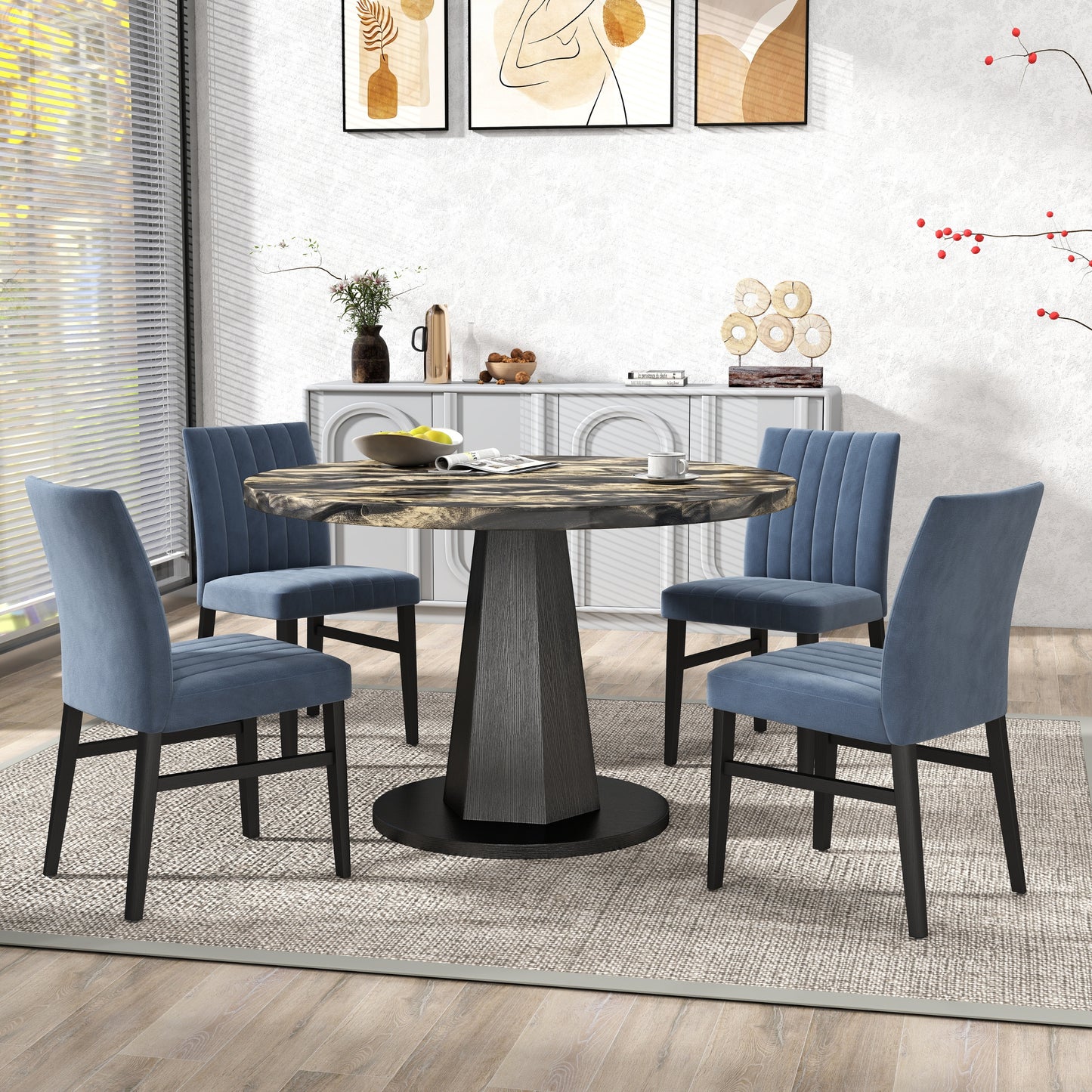 Roundhill Furniture Cavira 5-Piece Modern Dining Set, Faux Marble Dining Table with Four Chairs