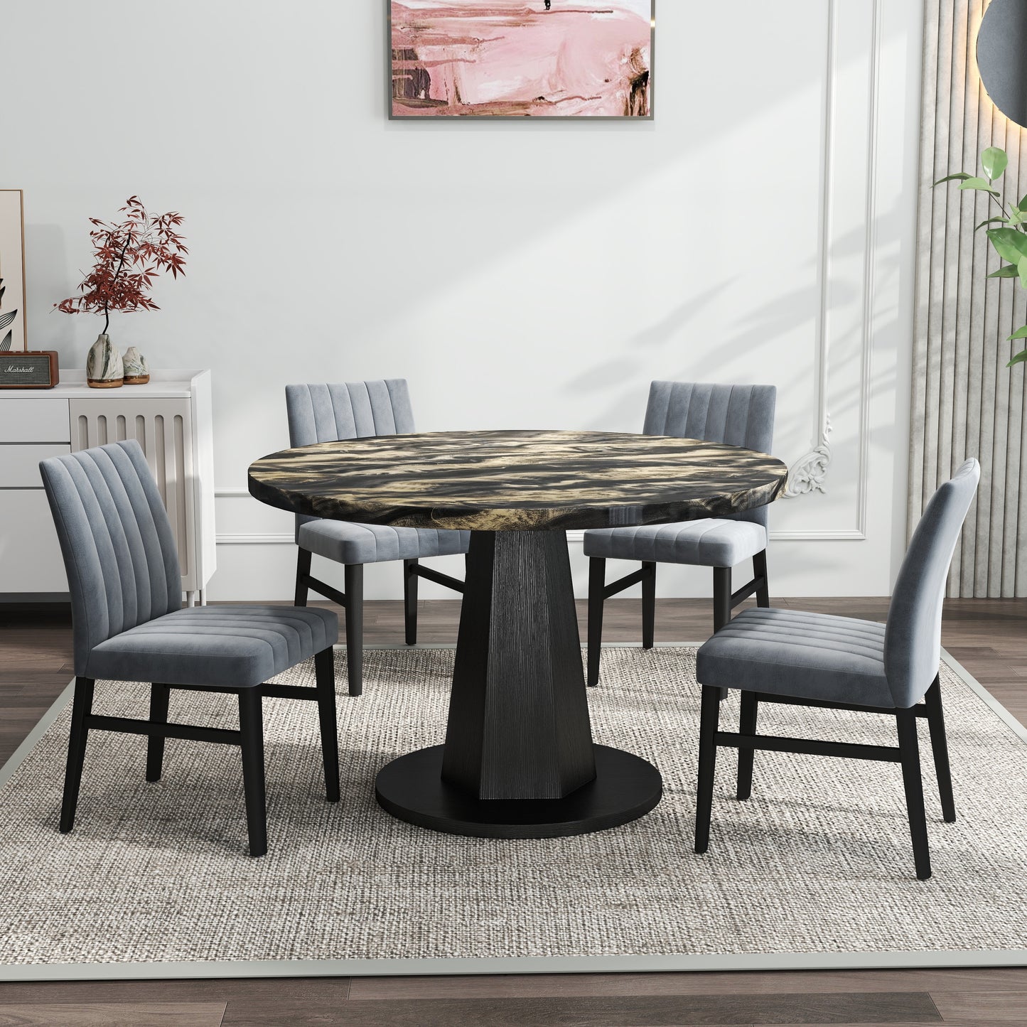 Roundhill Furniture Cavira 5-Piece Modern Dining Set, Faux Marble Dining Table with Four Chairs