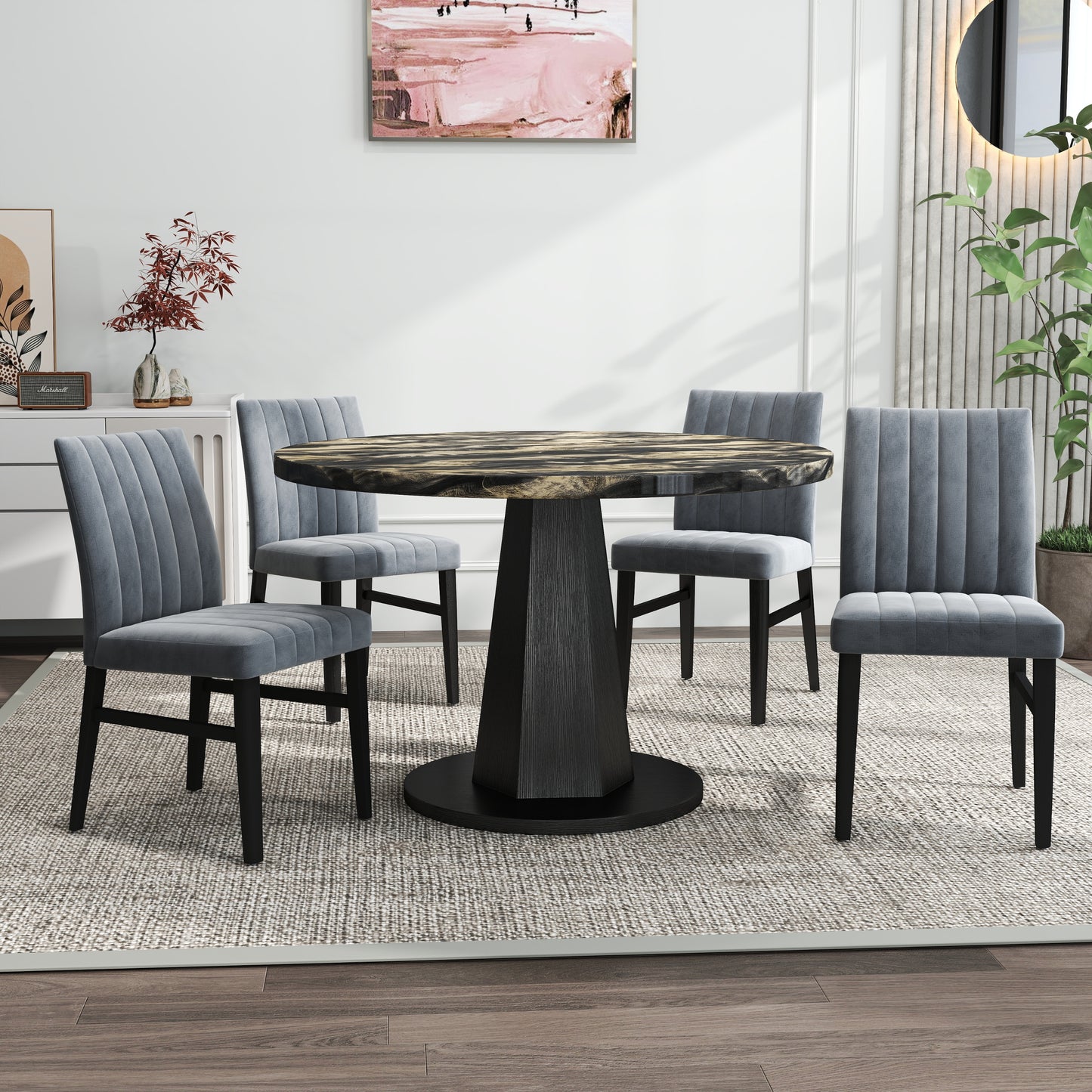 Roundhill Furniture Cavira 5-Piece Modern Dining Set, Faux Marble Dining Table with Four Chairs