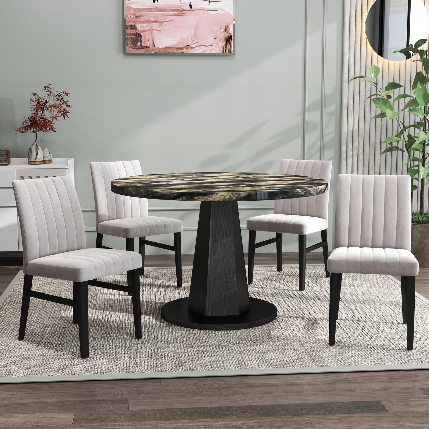 Roundhill Furniture Cavira 5-Piece Modern Dining Set, Faux Marble Dining Table with Four Chairs