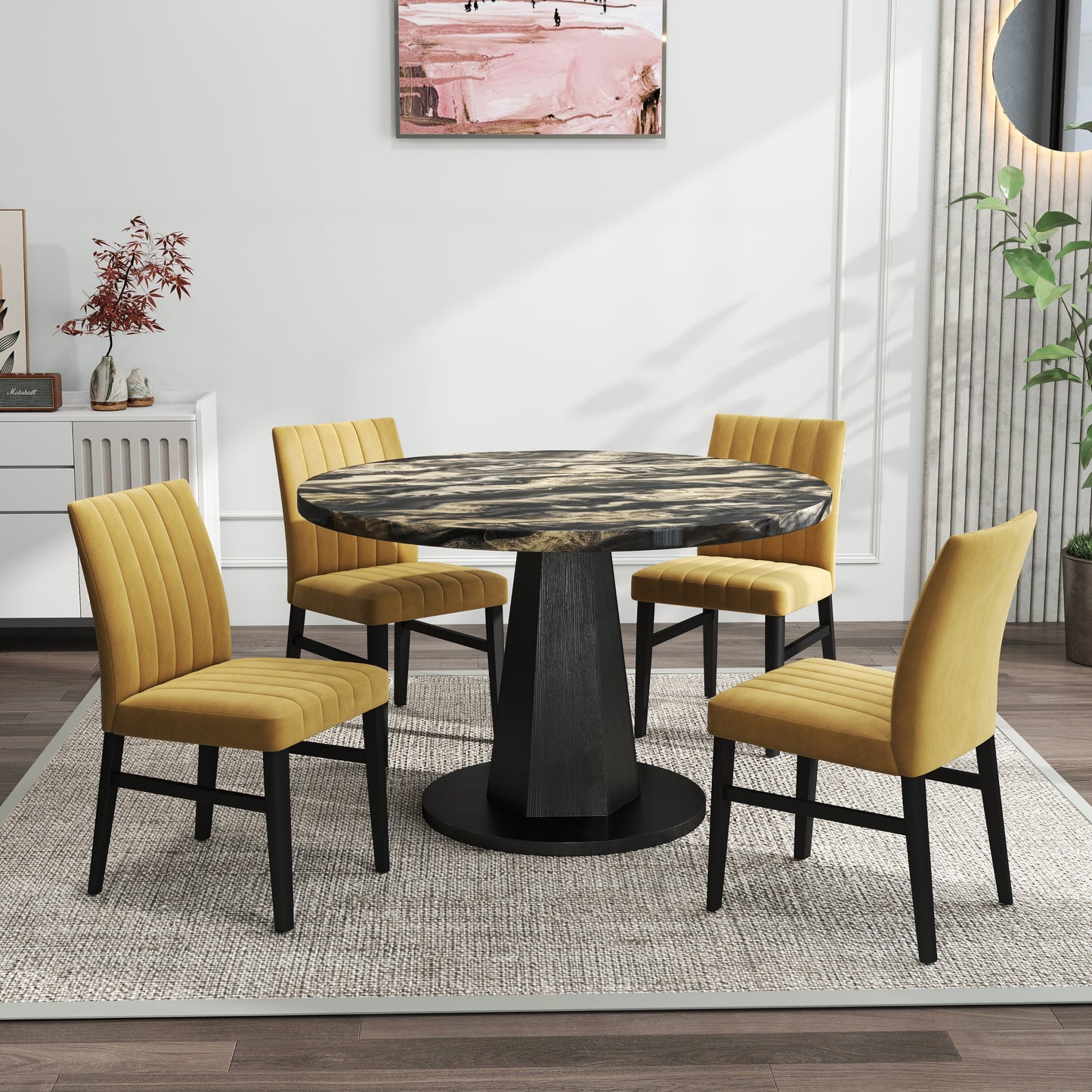 Roundhill Furniture Cavira 5-Piece Modern Dining Set, Faux Marble Dining Table with Four Chairs