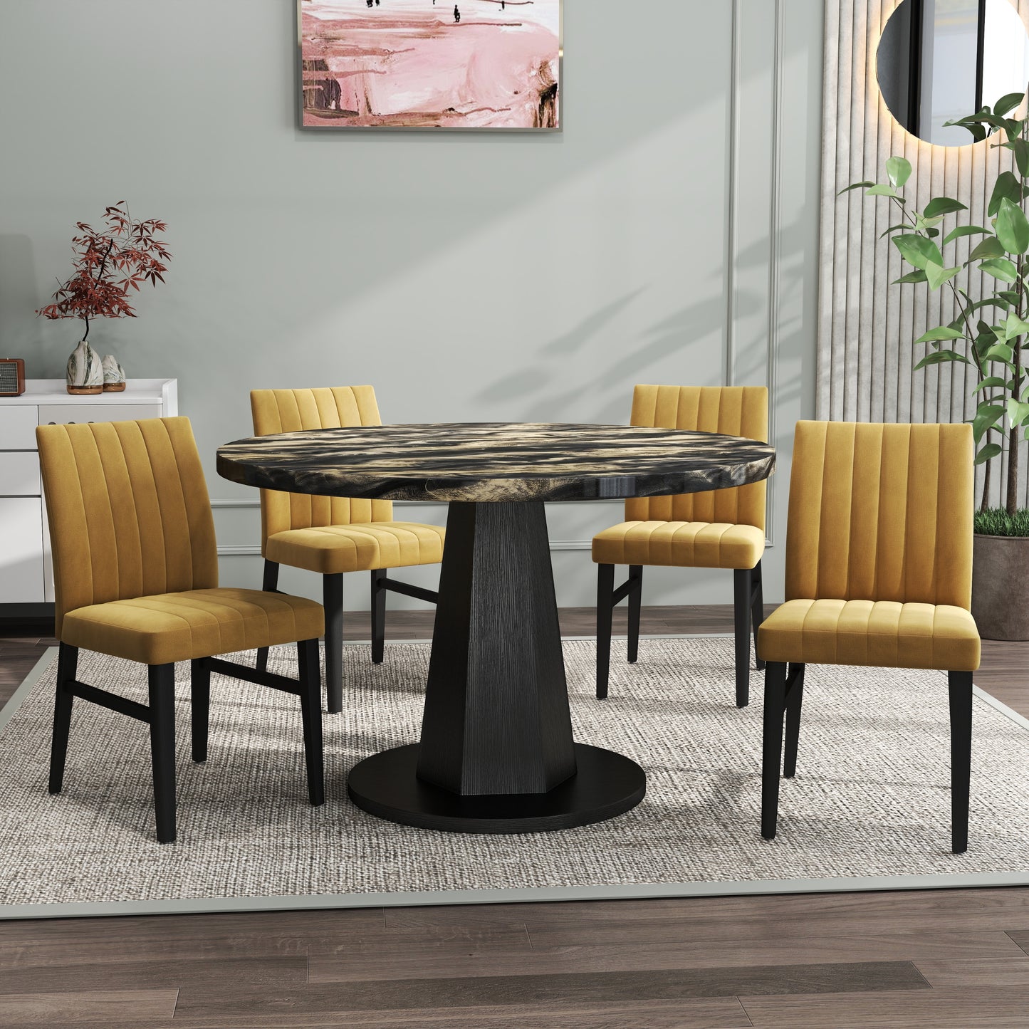 Roundhill Furniture Cavira 5-Piece Modern Dining Set, Faux Marble Dining Table with Four Chairs