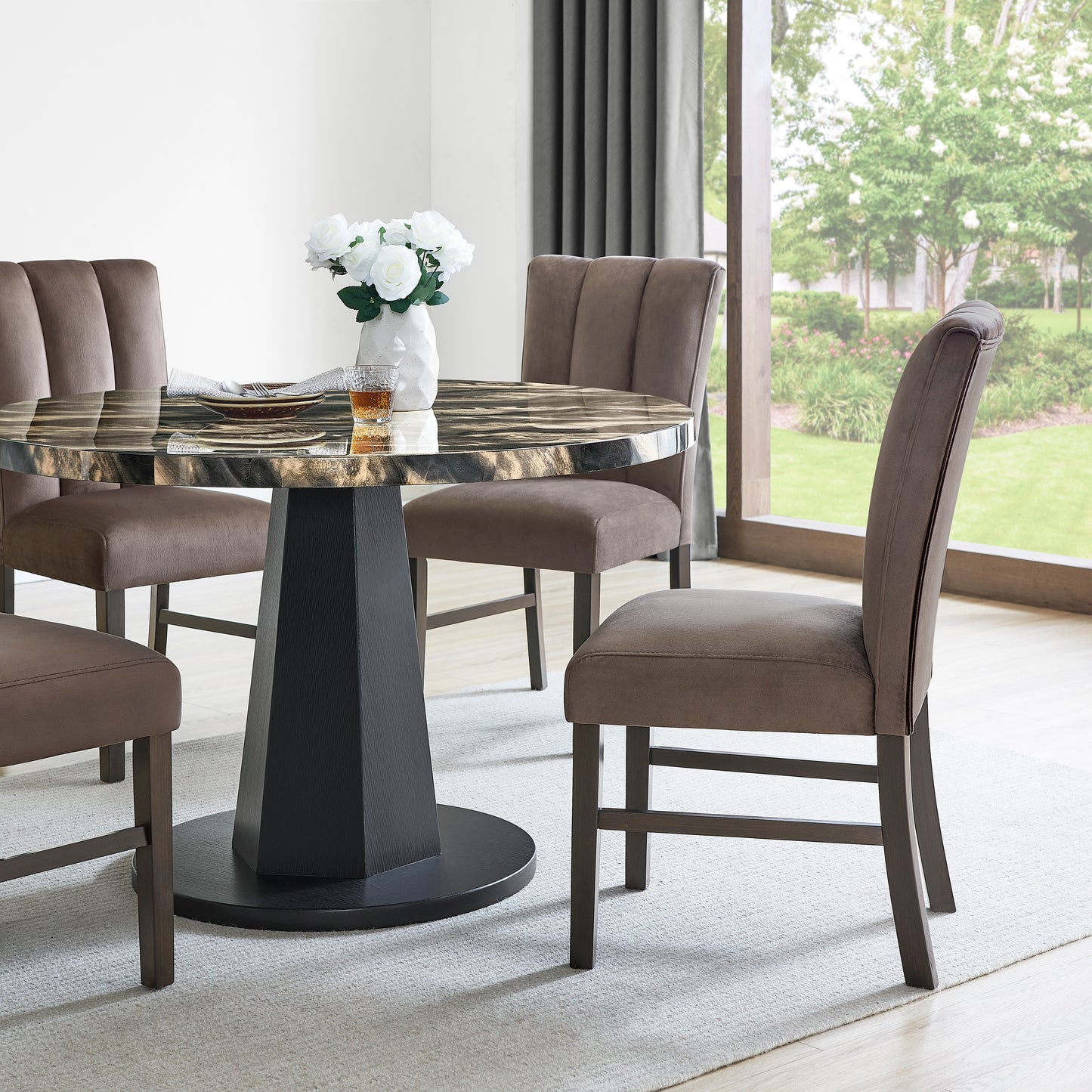 Roundhill Furniture Cavira 5-Piece Modern Dining Set, Faux Marble Dining Table with Four Upholstered Chairs