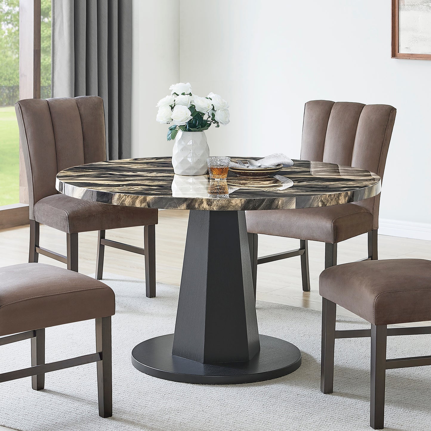Roundhill Furniture Cavira 5-Piece Modern Dining Set, Faux Marble Dining Table with Four Upholstered Chairs