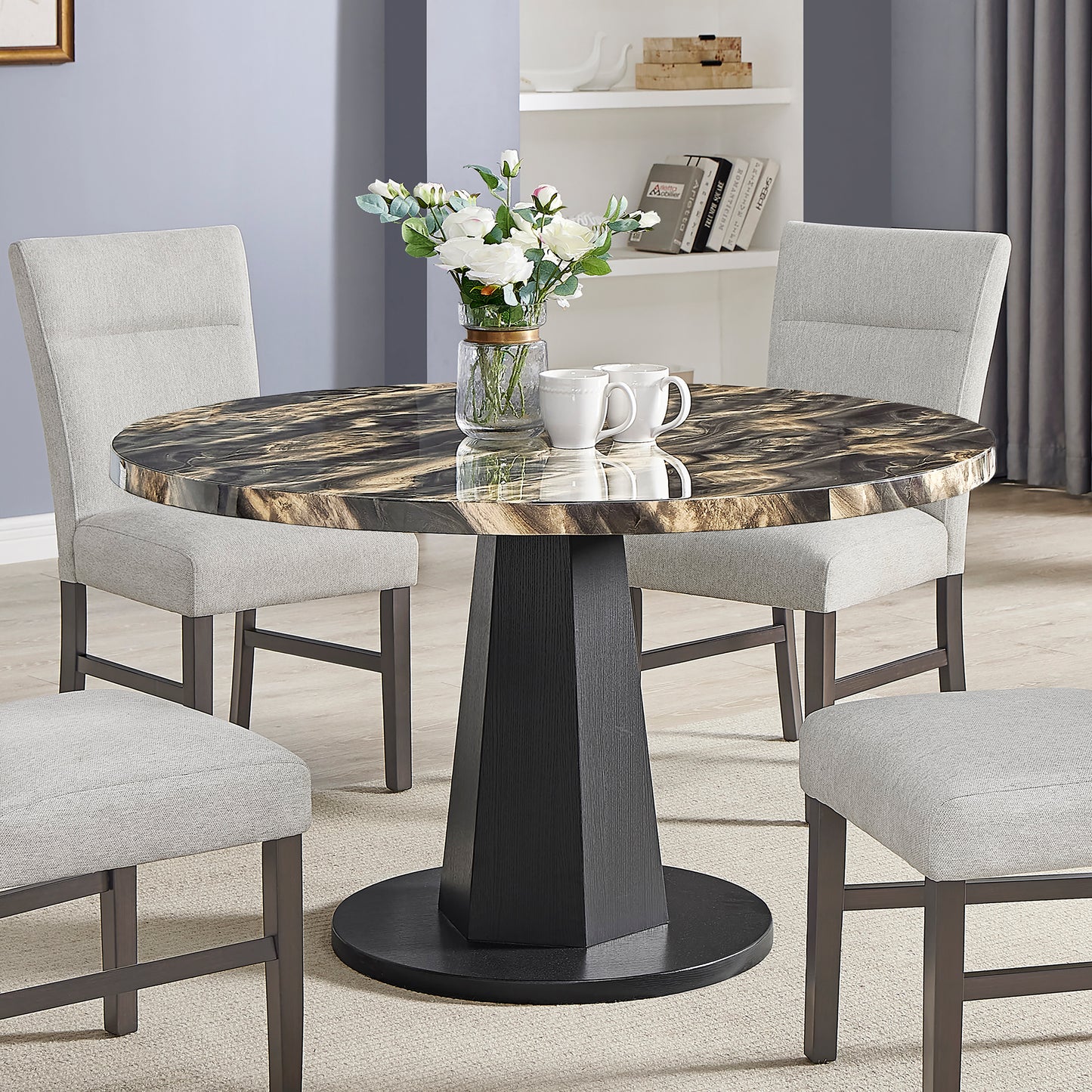 Roundhill Furniture Cavira 5-Piece Modern Dining Set, Faux Marble Dining Table with Four Upholstered Chairs