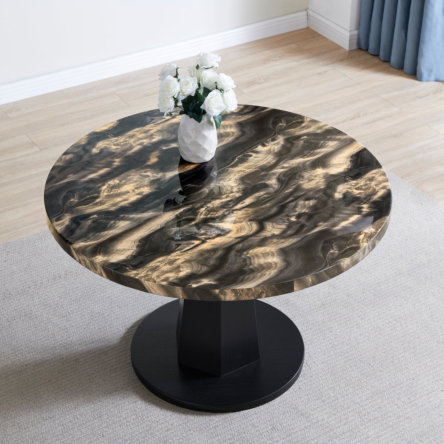 Roundhill Furniture Cavira Modern Faux Marble Dining Table with Wood Pedestal Base