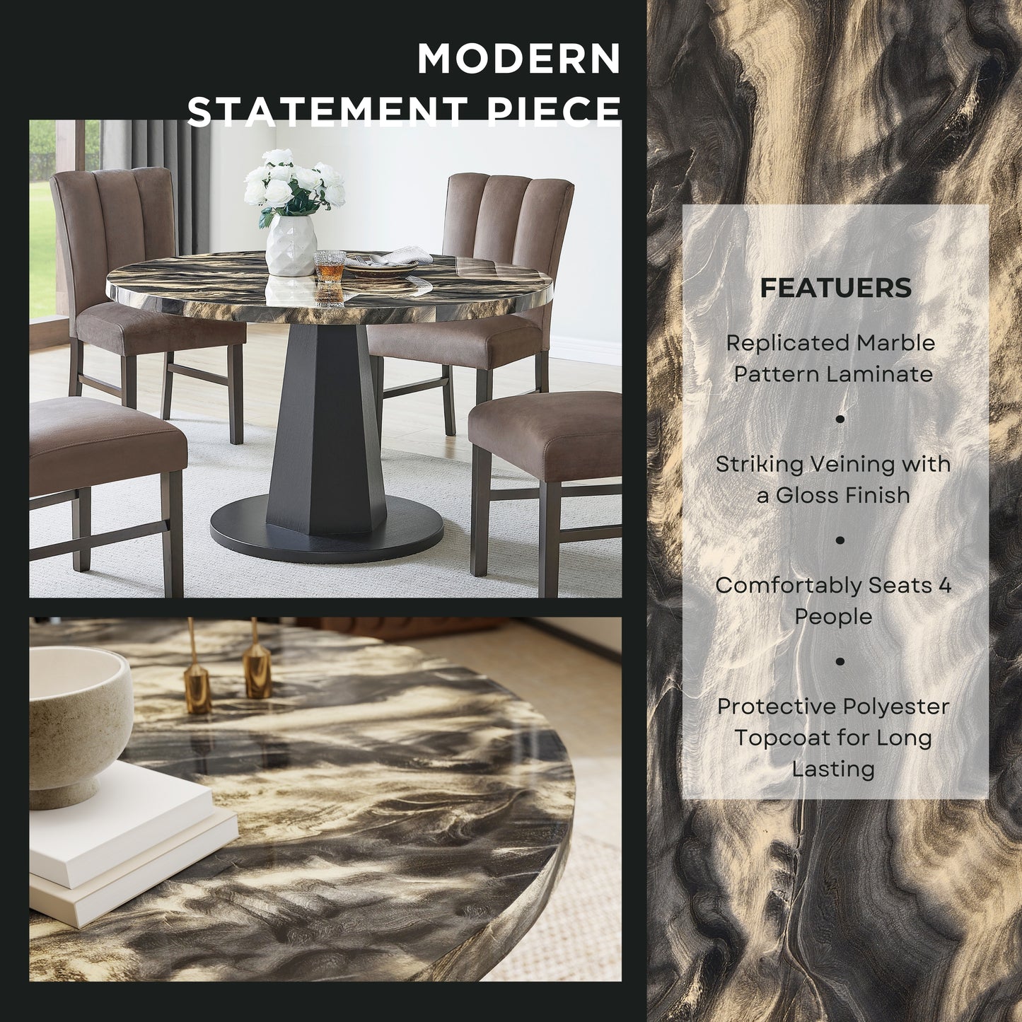 Roundhill Furniture Cavira Modern Faux Marble Dining Table with Wood Pedestal Base