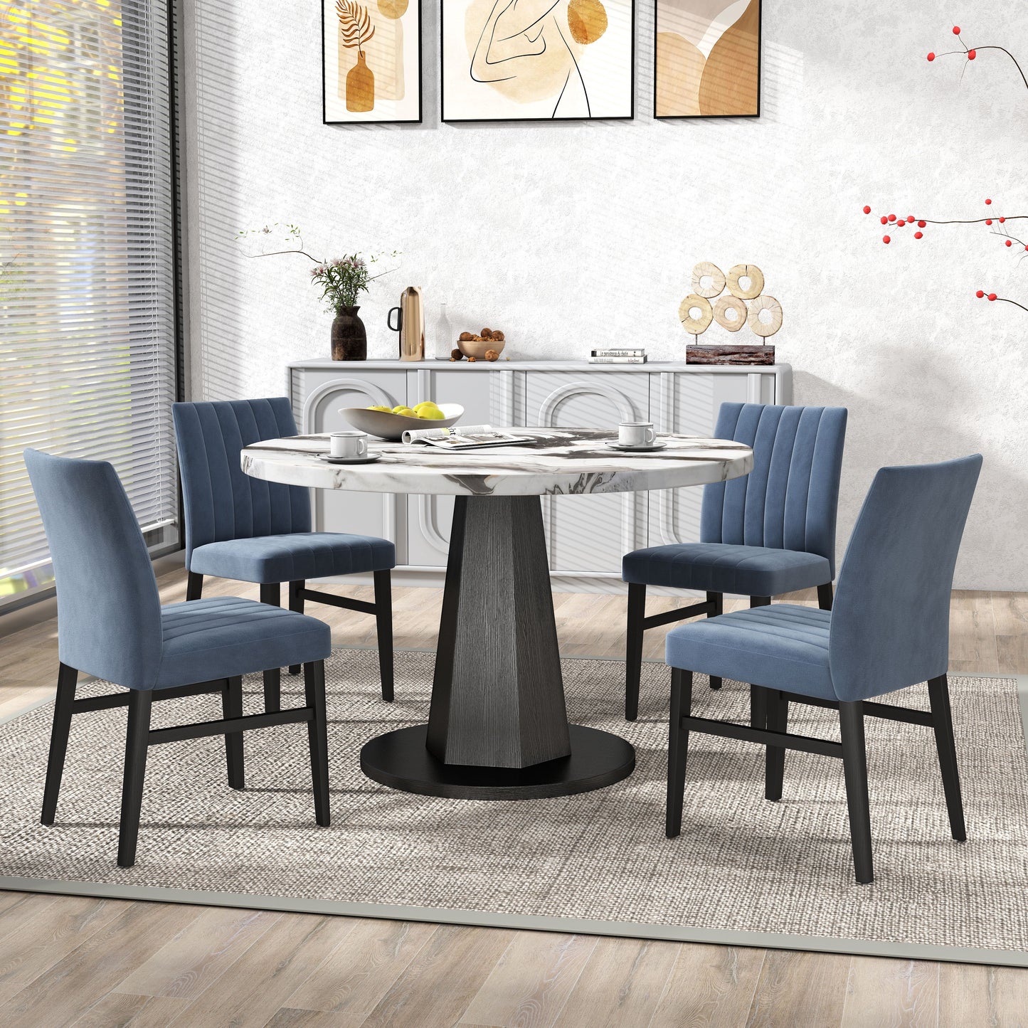 Roundhill Furniture Cavira 5-Piece Modern Dining Set, Faux Marble Dining Table with Four Chairs